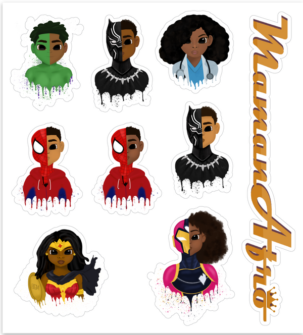 Autocollant sticker super héros afro et métisse sur mamanafro