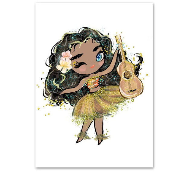 danseuse polynésienne avec sa guitare et une fleur dans ses cheveux ' - visage marron clair MamanAfro