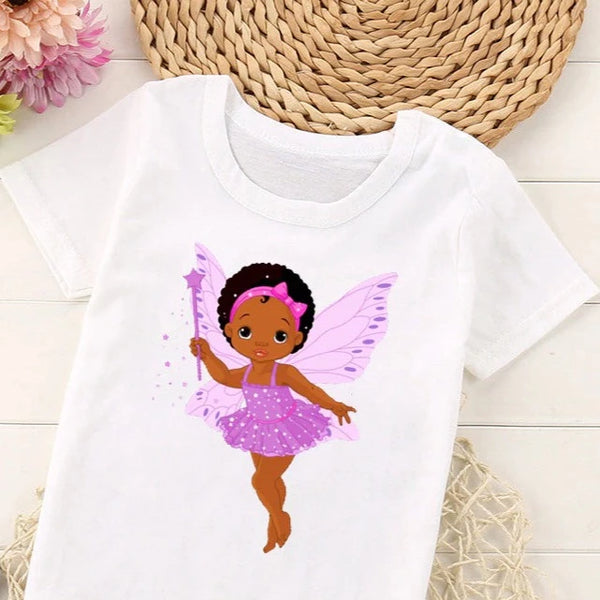 T Shirt afro avec petite fille noire de fée habilllée en rose coiffure cheveux crépus en afro mamanafro